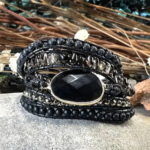Bracelet Wrap Onyx Noir Force Protectrice Pierre de Lave & Agate kaosix 2