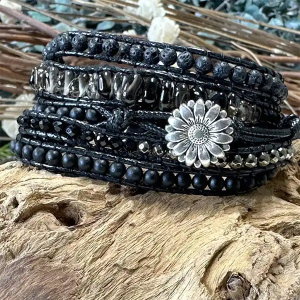 Bracelet Wrap Onyx Noir Force Protectrice Pierre de Lave & Agate kaosix 3