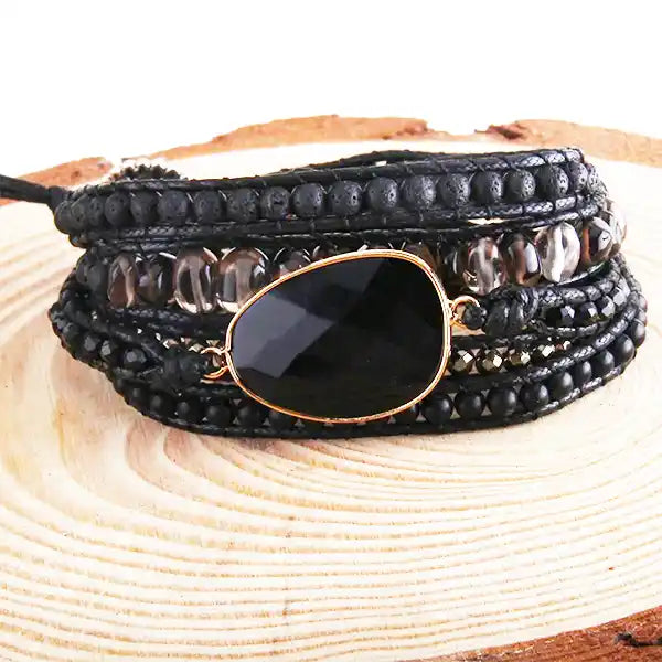 Bracelet Wrap Onyx Noir Force Protectrice Pierre de Lave & Agate kaosix 4