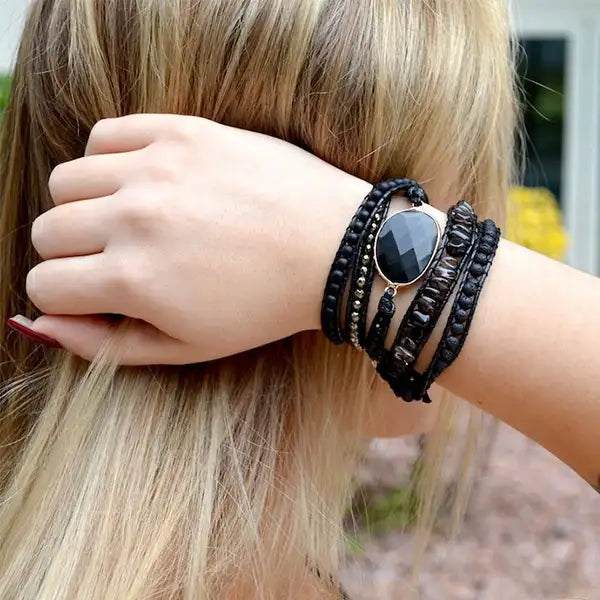 Bracelet Wrap Onyx Noir Force Protectrice Pierre de Lave & Agate kaosix 7