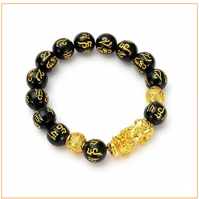 Bracelet Pi Xiu en obsidienne noire Mani Mantra sur fond blanc avec cadre orange Kaosix