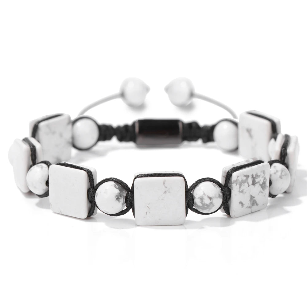 Bracelet Pierres plates Carrées et Rondes - 6 Pierres Différentes howlite blanche kaosix