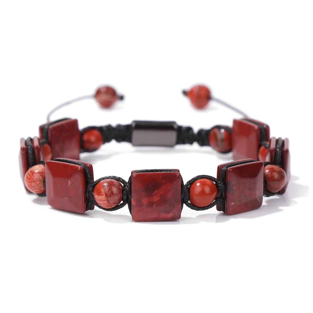 Bracelet Pierres plates Carrées et Rondes - 6 Pierres Différentes jaspe rouge kaosix