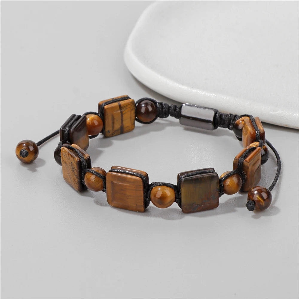 Bracelet Pierres plates Carrées et Rondes - 6 Pierres Différentes oeil de tigre 2 kaosix