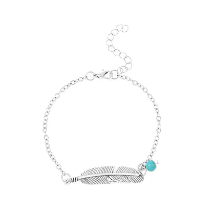 Bracelet de Cheville Plume Argentée et Perle Turquoise sur un sol blanc kaosix