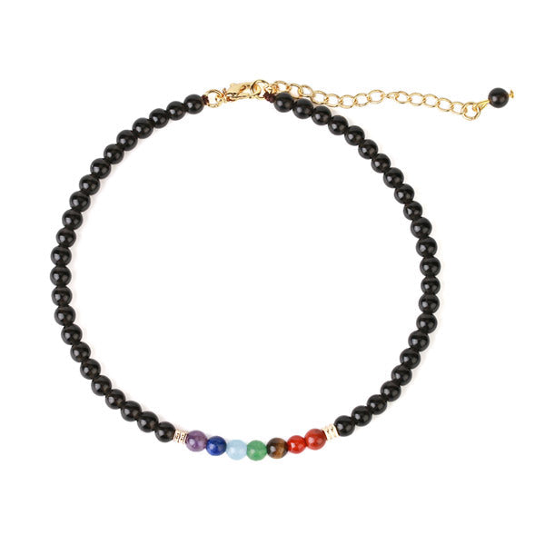 Bracelet de cheville 7 chakras et obsidienne noire sur fond blanc Kaosix