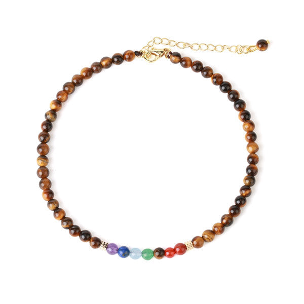 Bracelet de cheville 7 chakras et œil de tigre sur fond blanc Kaosix