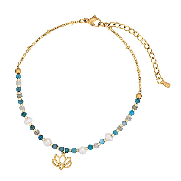 Bracelet de cheville en Apatite bleue perles d'eau douce Miyuki fond blanc kaosix