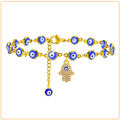 Bracelet de cheville en perles de nazar boncuk bleu avec amulette khamsa sur fond blanc Kaosix