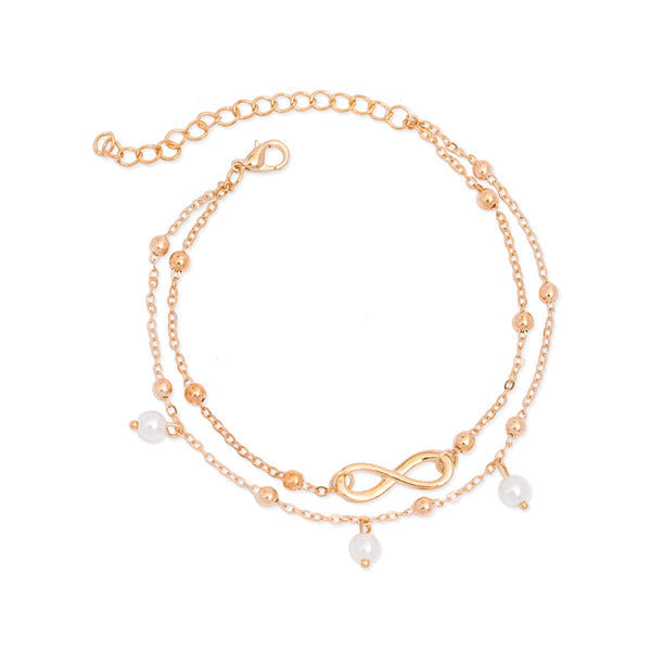 Bracelet de cheville infini et perles chainette dorée sur fond blanc Kaosix