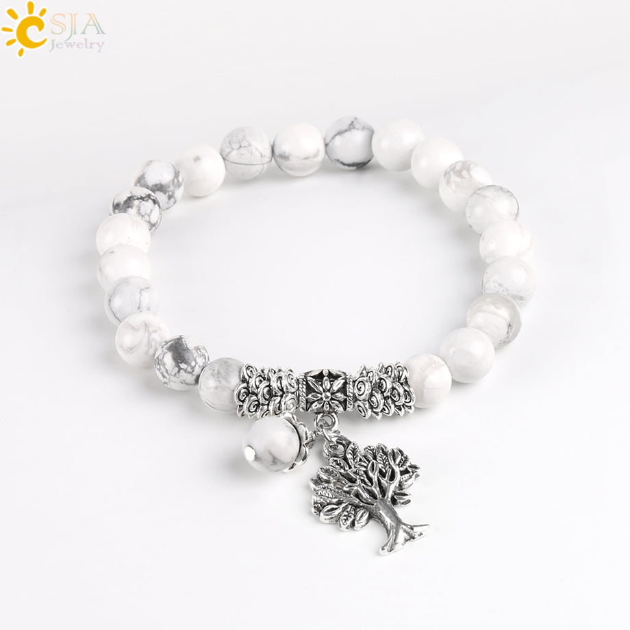 Bracelet en Howlite Blanche Arbre de Vie sur un sol blanc kaosix