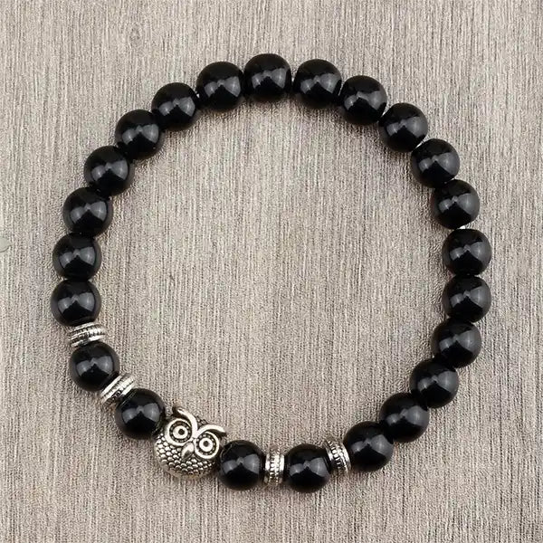 Bracelet en pierres avec hibou Onyx noir dessus kaosix