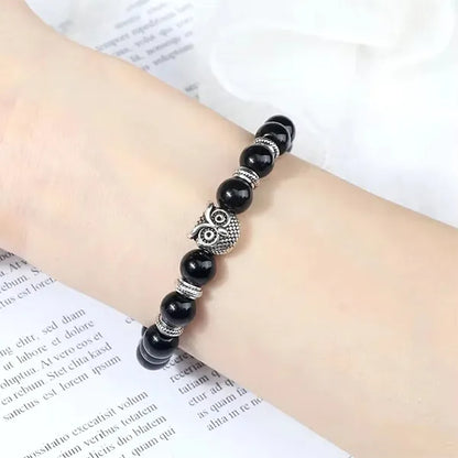 Bracelet en pierres avec hibou Onyx noir poignet femme kaosix