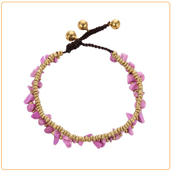 Double bracelet de cheville en éclats de tourmaline rose et perles de cuivre