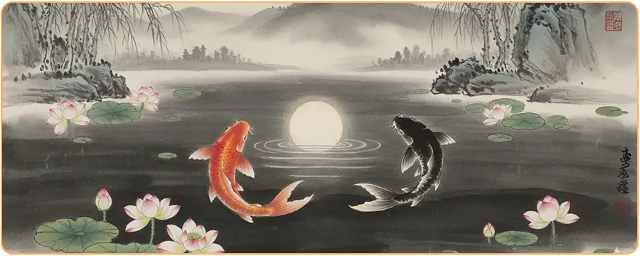 Élégante peinture chinoise à l'encre Shuimo représentant deux carpes Koï kaosix