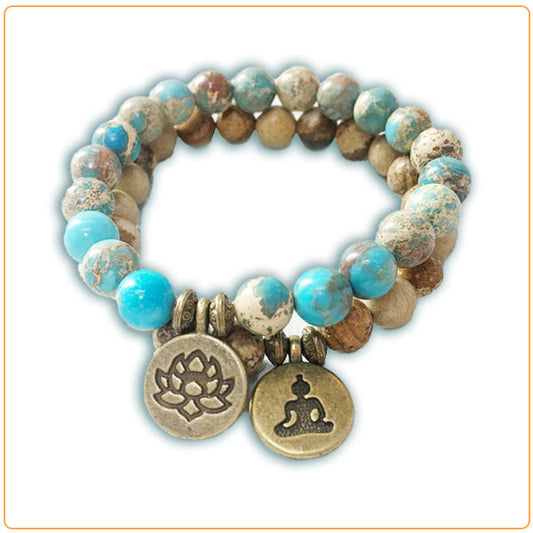 Ensemble de bracelets en Jaspe Impérial bleu Jaspe Paysage Fleur de Lotus Bouddha sur fond blanc Kaosix
