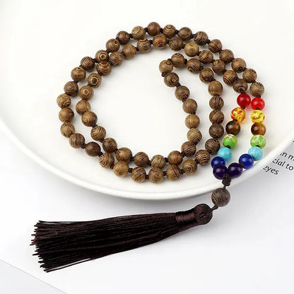 Mala 108 Perles 7 Chakras en Bois avec Arbre de Vie assiette kaosix