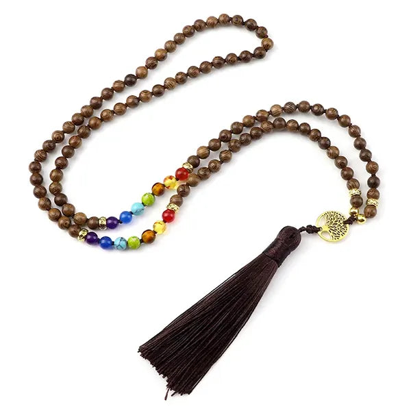 Mala 108 Perles 7 Chakras en Bois avec Arbre de Vie déroulé kaosix