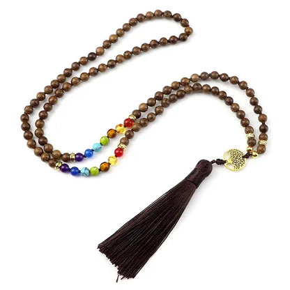 Mala 108 Perles 7 Chakras en Bois avec Arbre de Vie déroulé kaosix