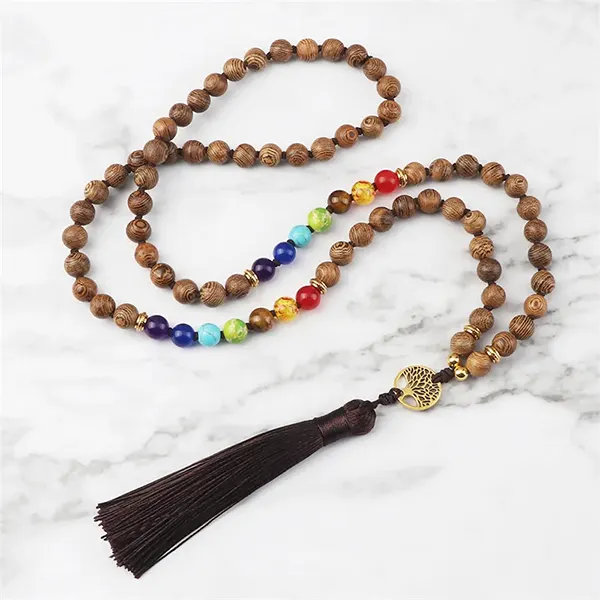 Mala 108 Perles 7 Chakras en Bois avec Arbre de Vie marbre kaosix