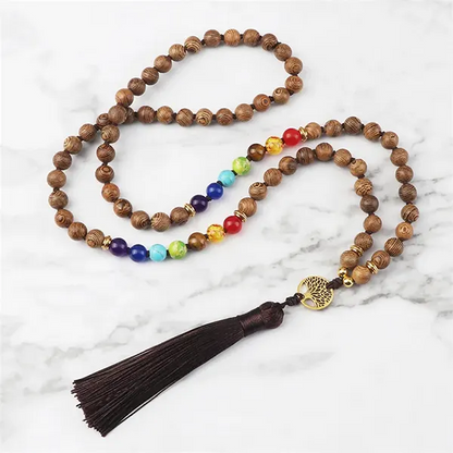 Mala 108 Perles 7 Chakras en Bois avec Arbre de Vie marbre kaosix