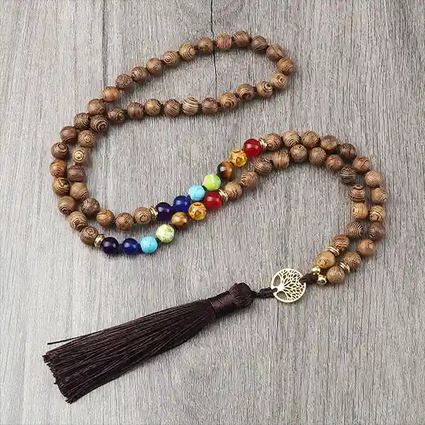 Mala 108 Perles 7 Chakras en Bois avec Arbre de Vie plancher bois kaosix