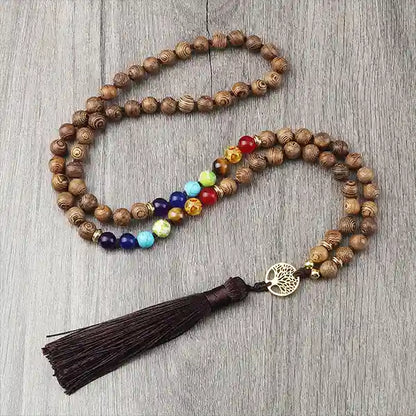 Mala 108 Perles 7 Chakras en Bois avec Arbre de Vie plancher bois kaosix