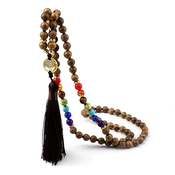 Mala 108 Perles 7 Chakras en Bois avec Arbre de Vie suspendu kaosix