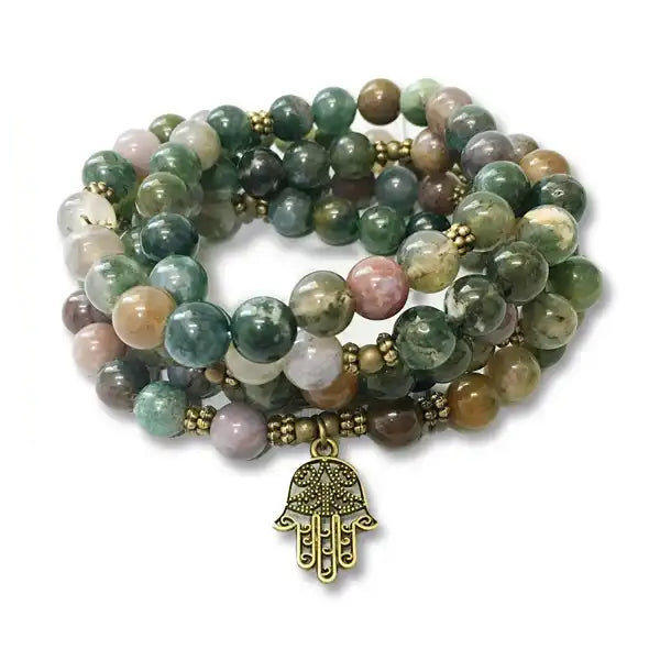 Mala 108 perles Agate Indienne Khamsa sur fond blanc Kaosix