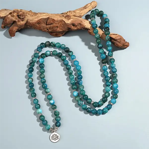 Mala 108 perles Apatite Bleue Symbole du Lotus branche d'arbre kaosix