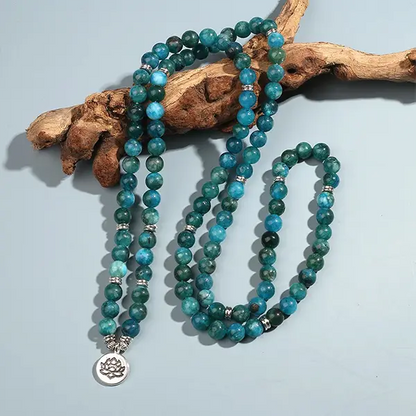 Mala 108 perles Apatite Bleue Symbole du Lotus sur branche d'arbre kaosix