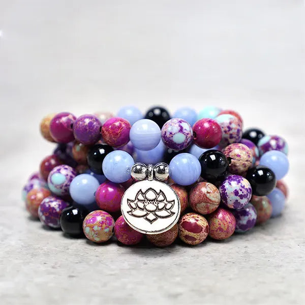 Mala 108 perles Jaspe Impérial Améthyste Calcédoine Bleue Lotus kaosix 2