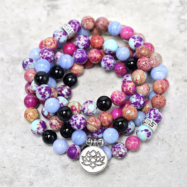 Mala 108 perles Jaspe Impérial Améthyste Calcédoine Bleue Lotus kaosix 3