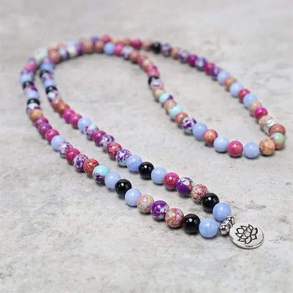 Mala 108 perles Jaspe Impérial Améthyste Calcédoine Bleue Lotus kaosix 4