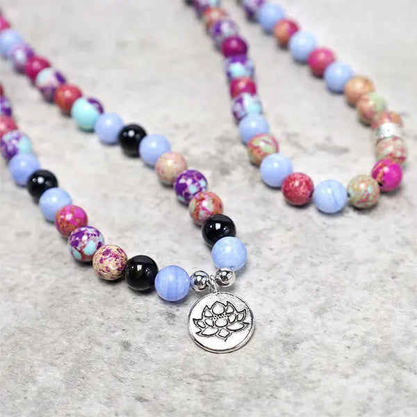 Mala 108 perles Jaspe Impérial Améthyste Calcédoine Bleue Lotus kaosix 5