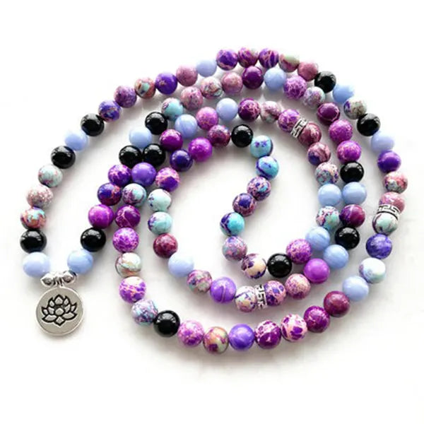 Mala 108 perles Jaspe Impérial Améthyste Calcédoine Bleue Lotus kaosix 7