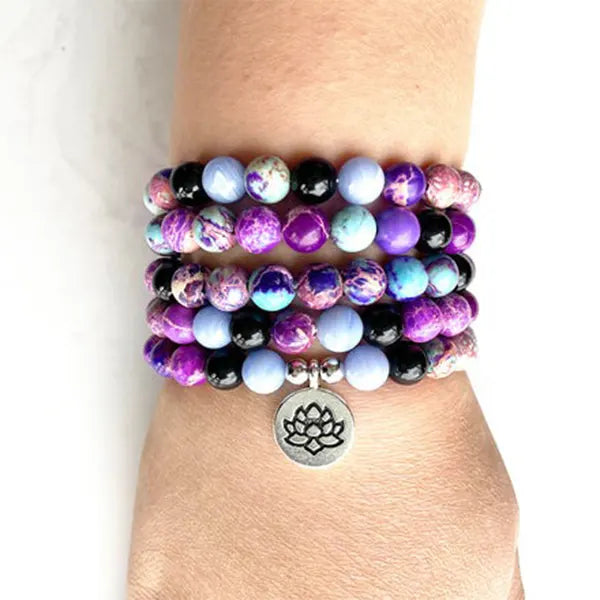 Mala 108 perles Jaspe Impérial Améthyste Calcédoine Bleue Lotus kaosix 7