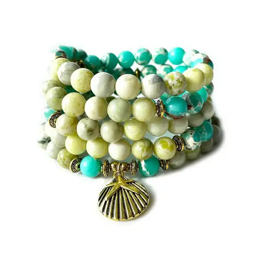 Mala 108 perles Jaspe Vert Jaspe Jaune Coquillage sur fond blanc kaosix