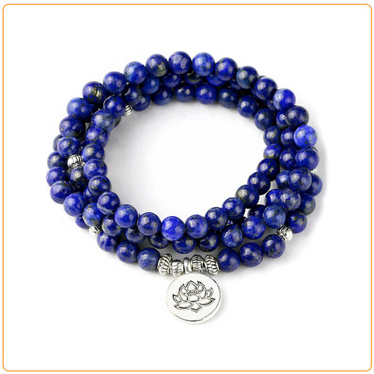 Mala 108 perles Lapis Lazuli Fleur du Lotus sur fond blanc Kaosix