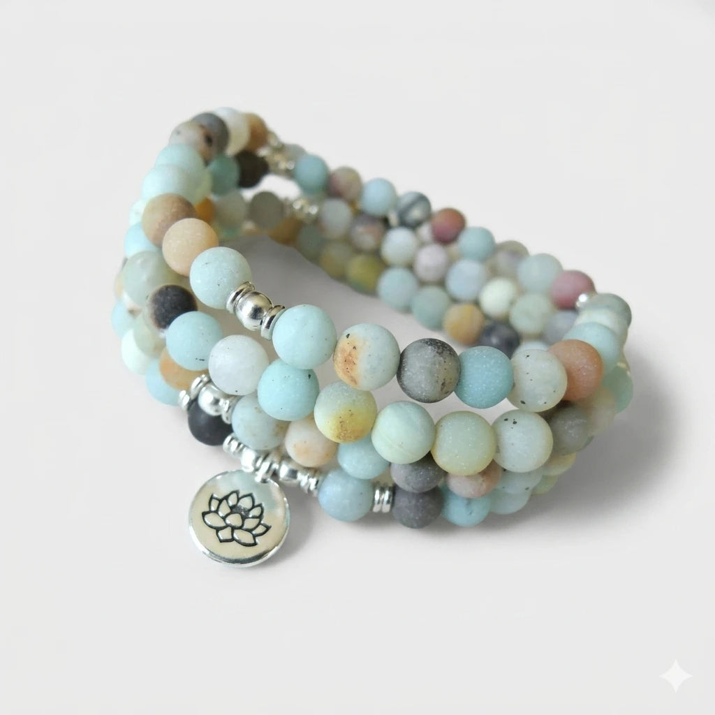 Mala 108 perles en amazonite avec symbole du lotus kaosix 1