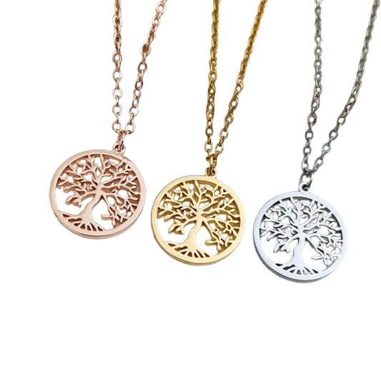 Pendentif Arbre de Vie en Acier Inoxydable Plaqué Argent Or Rose Chaîne 45 cm fond blanc kaosix