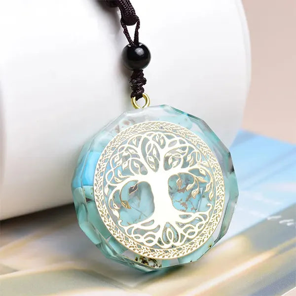 Pendentif Orgonite Arbre de Vie Turquoise vertical socle cylindrique kaosix