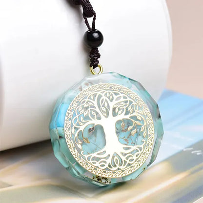 Pendentif Orgonite Arbre de Vie Turquoise vertical socle cylindrique kaosix