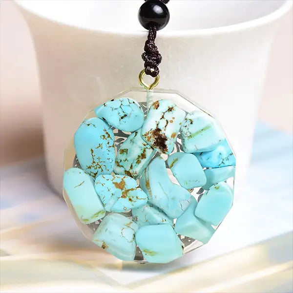 Pendentif Orgonite Arbre de Vie Turquoise vertical socle vue de dos kaosix