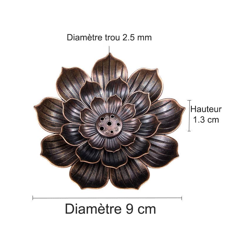 Porte Encens Fleur De Lotus Bronze sur fond blanc avec dimensions diamètre et hauteur Kaosix