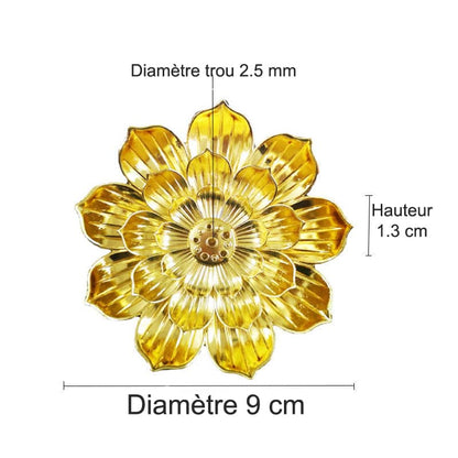 Porte Encens Fleur De Lotus Doré sur fond blanc avec dimensions diamètre et hauteur Kaosix