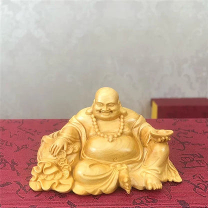 Statuette Bouddha Rieur Maitreya en Bois de Cyprès