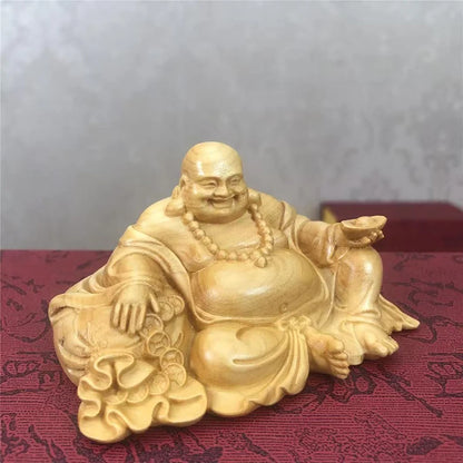 Statuette Bouddha Rieur Maitreya en Bois de Cyprès