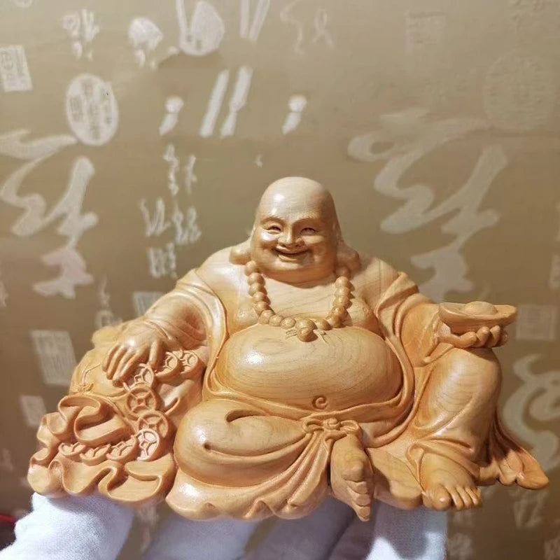 Statuette Bouddha Rieur Maitreya en Bois de Cyprès