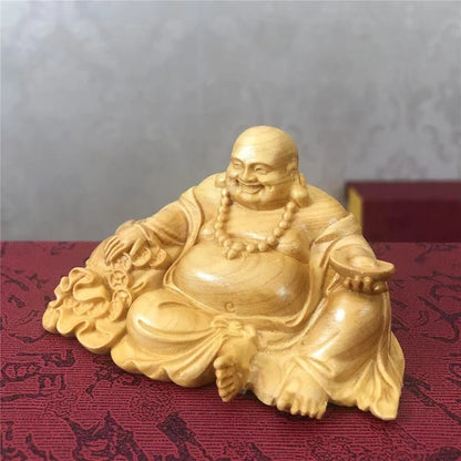 Statuette Bouddha Rieur Maitreya en Bois de Cyprès